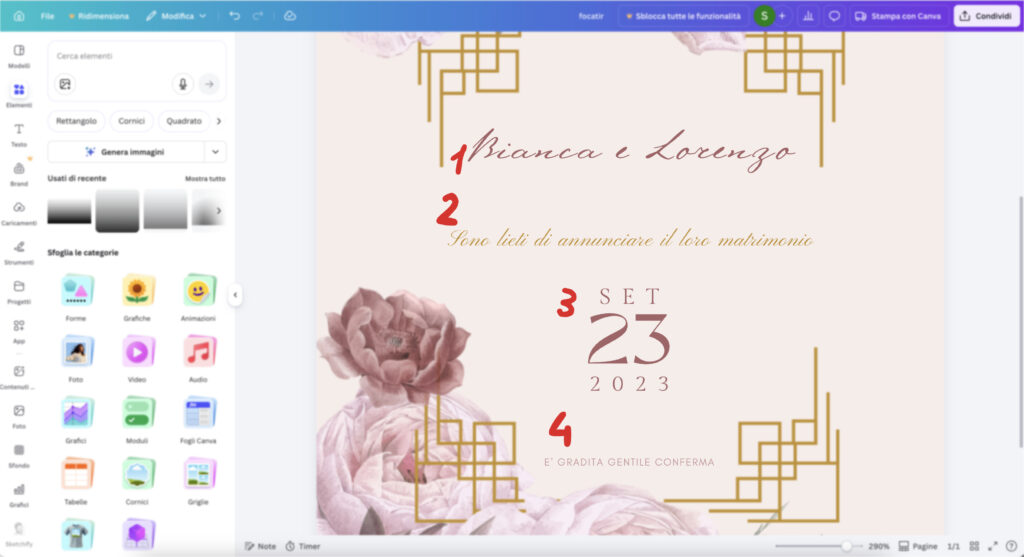 errori grafica partecipazioni matrimonio create con Canva